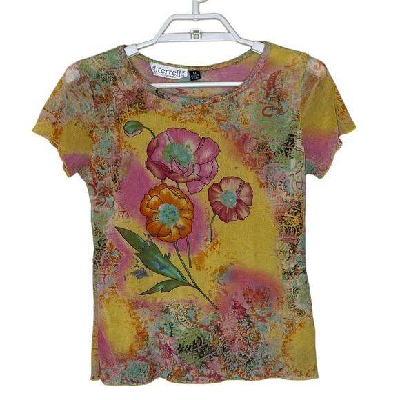 Vtg Yellow Colorful Sheer Mesh Flower Paisley Graphic Baby T Shirt Y2K Fairy M - Picture 1 of 9